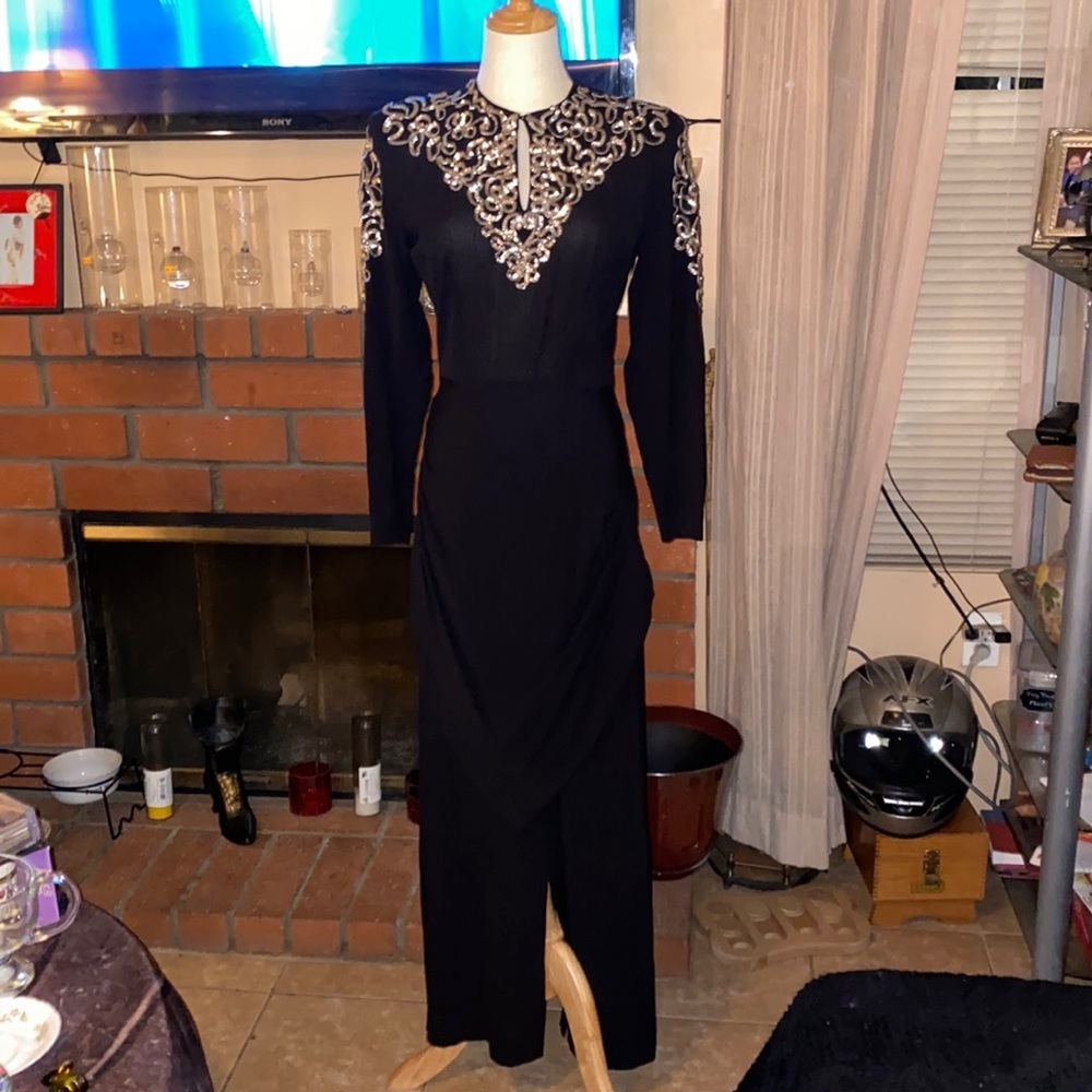 BX43 Black long dress with silver sequence design on bust and sleeves